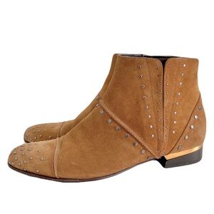 Lanvin Studded Camel Tan Suede Flat Chelsea Boots, Size 38